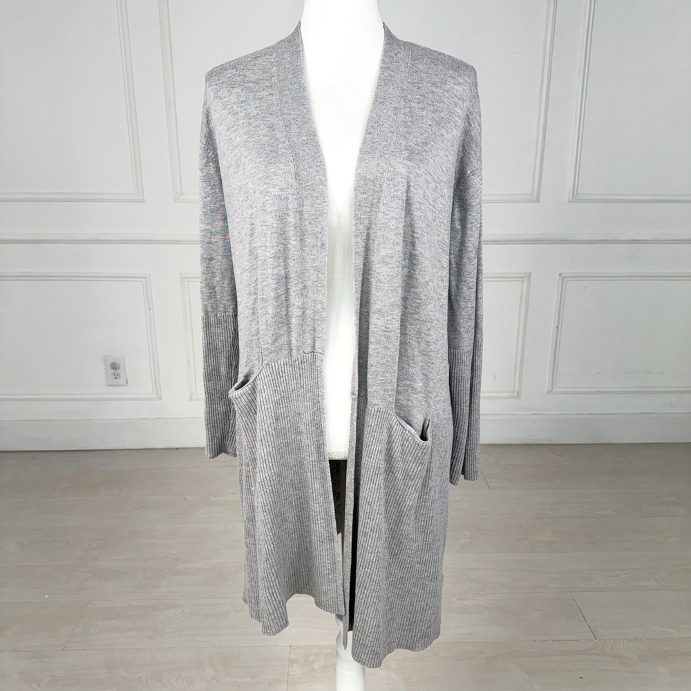 Splendid Duster Cardigan Women Medium Grey Cashmere Blend Ribbed Open Front